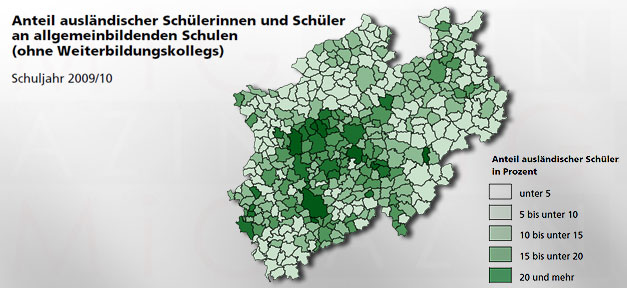 Jeder neunte Schüler hat einen ausländischen Pass Anteil ausländischer Schüler an allgemeinbildenden Schulen in Nordrhein-Westfalen - Grafik IT.NRW, bearb. MiG