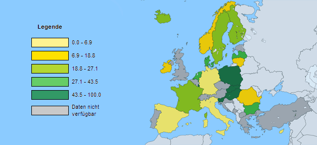 Immer weniger Schüler haben Lust auf Deutsch Deutsch als Fremdsprache auf der Europakarte © eurostat, bearb. MiG