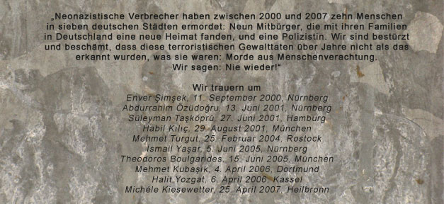 Gedenktafel an die Opfer der rechtsextremistischen NSU-Terroristen © MiG