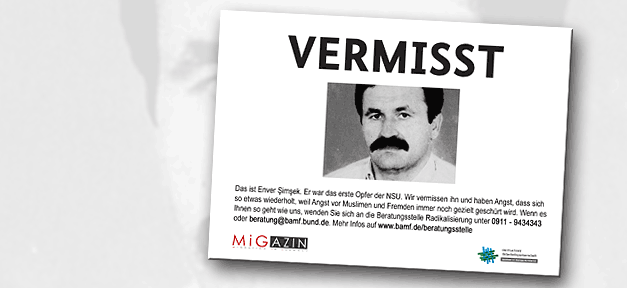 Sicherheitspartnerschaft kompromisslos und unbelehrbar gegen die Wand gefahren Das ist Enver Şimşek. Er war das erste Opfer der NSU. Wir vermissen ihn und haben Angst, dass sich das wiederholt, weil Angst vor Muslimen und Fremden immer noch gezielt geschürt wird. Wenn es Ihnen so geht wie uns, wenden Sie sich an die Beratungsstelle Radikalisierung unter ... © initiative Sicherheitspartnerschaft, bearb. MiG