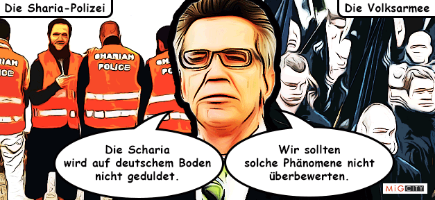 Die Sharia-Polizei gegen die Volksarmee. Schiedsrichter ist Bundesinnenminister Thomas de Maizière © MiG