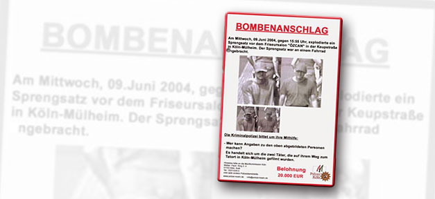 Nebenklagevertreter im NSU-Prozess an den Ex-Bundesinnenminister Otto Schily Fahndungsplakat der Polizei nach dem Nagelbombenanschlag auf der Kölner Keupstraße