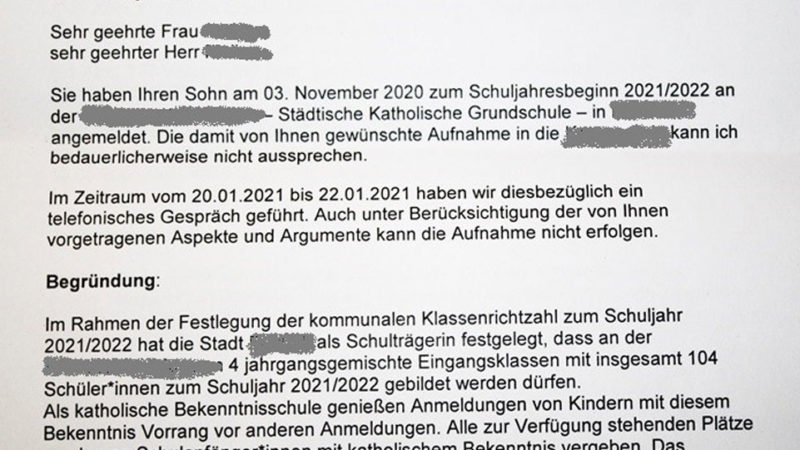 Katholische Grundschule, NRW, Schule, Bildung, Schüler, Ablehnungsschreiben