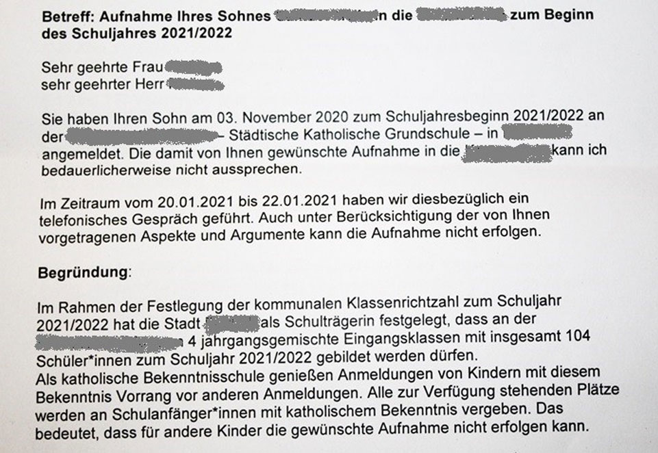 Katholische Grundschule, NRW, Schule, Bildung, Schüler, Ablehnungsschreiben
