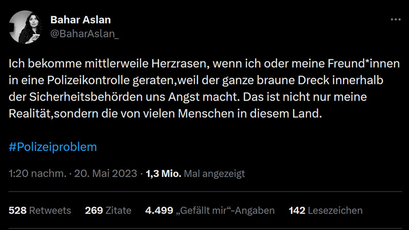 Tweet, Bahar Aslan, Polizei, Brauner Dreck, Rechtsextremismus