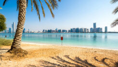 Dubai, Skyline, Strand, Wasser, Meer, Palme, Hochhaus, Wolkenkratzer