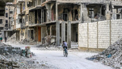 Damaskus, Syrien, Stadt, Kind, Fahrrad, Krieg, Zerstörung, Schutt