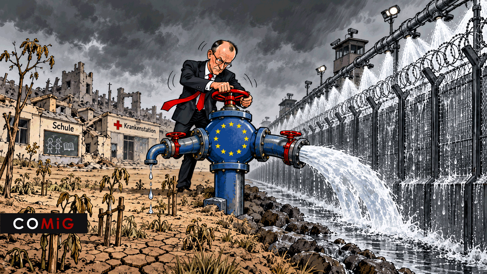Friedrich Merz, Entwicklungshilfe, Grenzschutz, Europäische Union, Wasserhahn, Geld, Hilfe