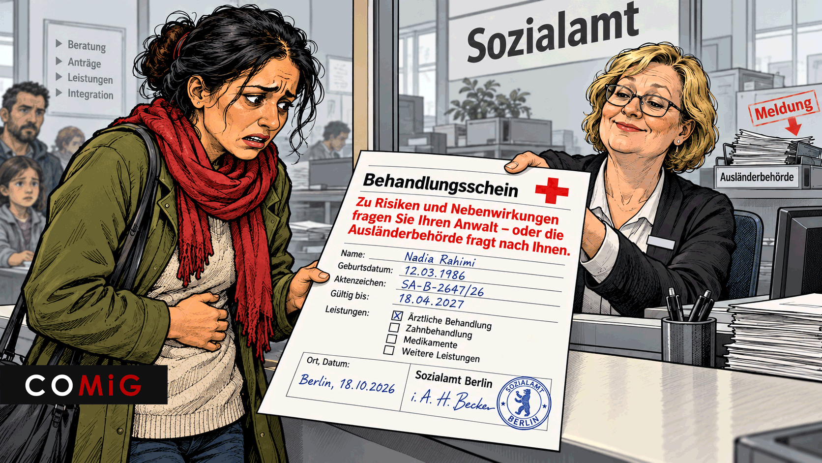 Behandlungsschein, Meldepflicht, Arzt, Gesundheit, Aufenthaltsitel, Sozialamt, Abschiebung, comig
